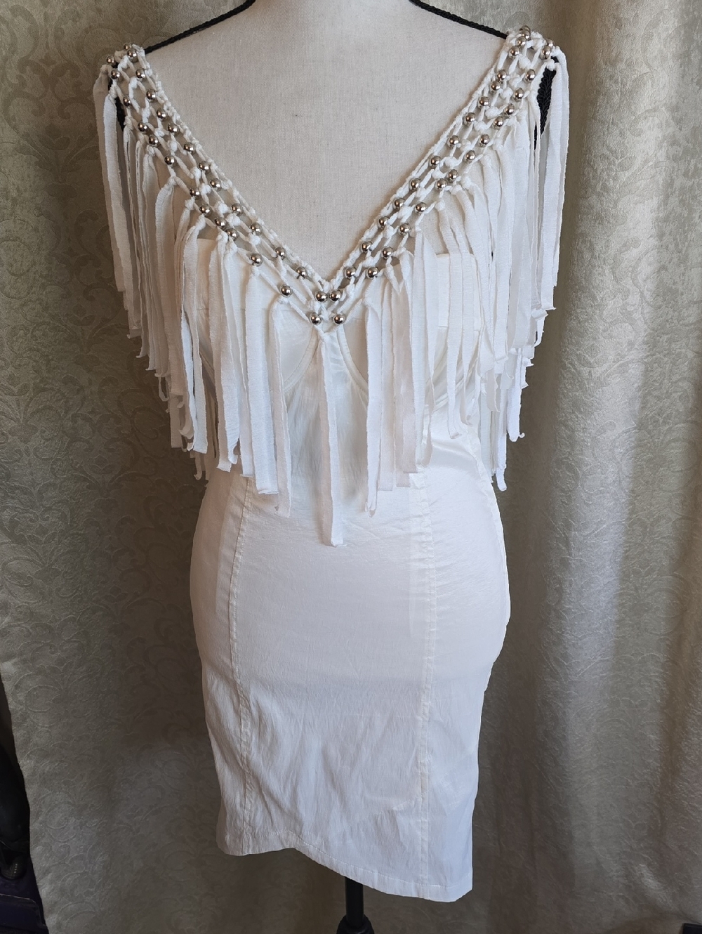 Sexy White Fringe V-Neck Mini Dress with Bead Detail